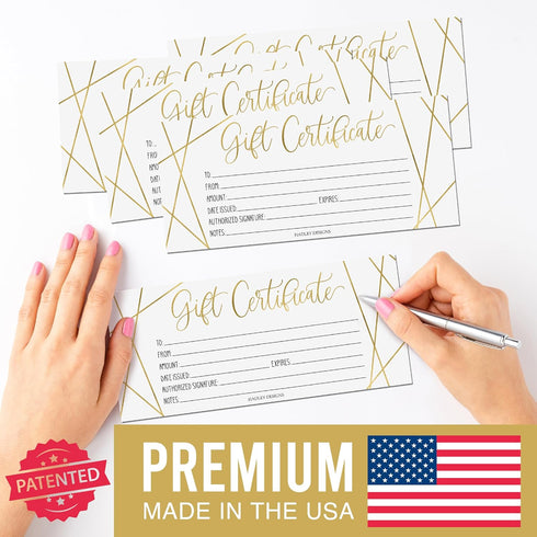 Hadley Designs 25 Gold Geo Blank Gift Certificates for Small Business, Elegant Paper Voucher for DIY Coupon Cards, 4x9"