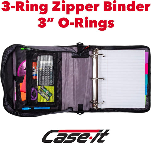 Case-it The Mighty Zip Tab Zipper Binder - 3 Inch O-Rings, 5 Color Tab Expanding File Folder, 600 Sheet Capacity