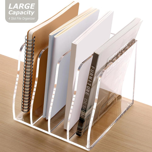 SANRUI Acrylic Desk File Organizer, 4 Vertical Compartments Clear Magazine Holder for Office Accessories Organization