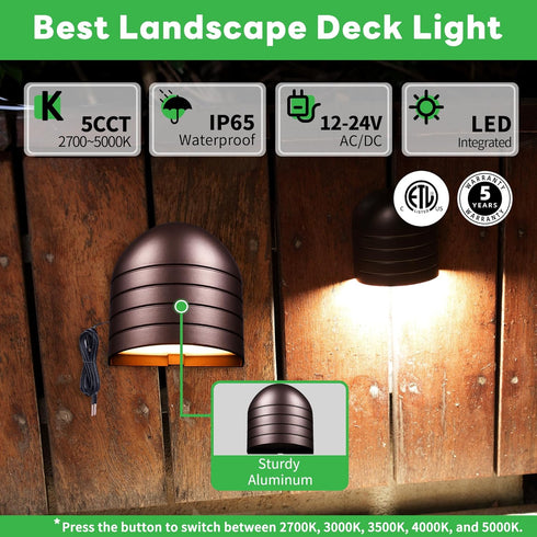 12V 2700K/3000K/3500K/4000K/5000K IP65 Low Voltage Deck Light - LED Step Light Outdoor, Adjustable, Waterproof