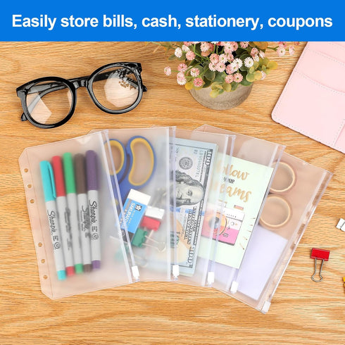 KTRIO 16PCS A6 Binder Pockets, Clear Zipper Pouch Folders, 6 Holes Cash Envelopes for Budgeting, Waterproof PVC Bags