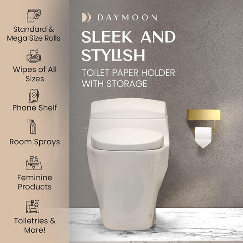 1 Pack Day Moon - Toilet Paper Holder with Shelf - Modern Roll Holder for Bathroom - - Wall Mount - with Storage, Gold