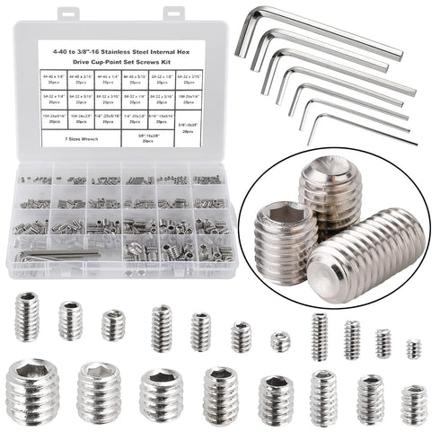 380Pcs 19 Sizes #4-40 to 3/8"-16 UNC Standard SAE Hex Socket Set Screws with 7pcs Hex Keys, Stainless Steel