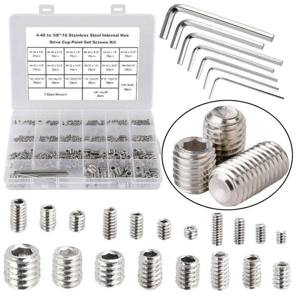 380Pcs 19 Sizes #4-40 to 3/8"-16 UNC Standard SAE Hex Socket Set Screws with 7pcs Hex Keys, Stainless Steel