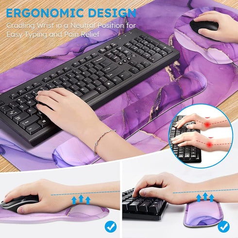 iCasso Purple Mouse Pad with Wrist Support - 4in1 XXL Large Gaming Mousepad + Keyboard Wrist Rest + Coaster