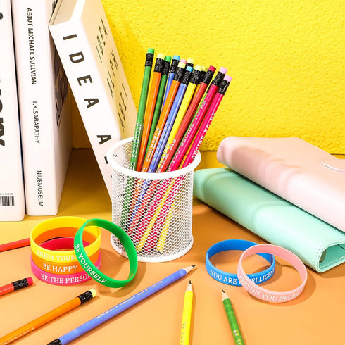 Sabary 48 Pcs Motivational Pencils Set, Inspirational Silicone Bracelets, Kids Teens Christmas Gifts
