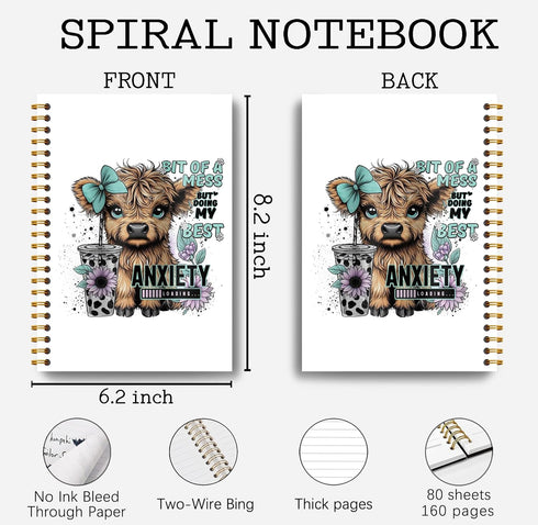 Bit of a Mess Anxiety Funny Highland Cow Notebook, Western Cow Office Supplies, Cute Cow Spiral Notebook 5.5x8.3