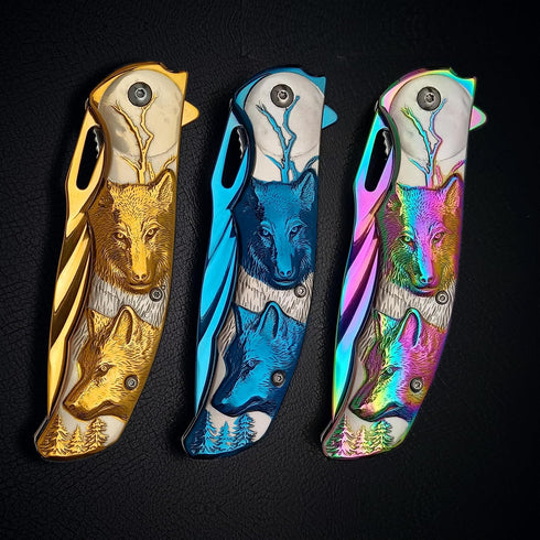 Pocket Knife for Men - Folding Knife with Clip & 3D TITANIUM PLATED WOLF Relief, Gold EDC Knife