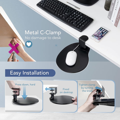 EHO Clamp on Mouse Platform, Clip on 360 Degree Rotating Mouse Tray Attachment, Ergonomic Slide Out Tray (Platinum)