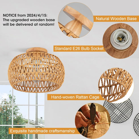 Boho Ceiling Light Fixtures Rattan Chandelier Bedroom Light Small Rattan Flush Mount Ceiling Light Hand-Woven