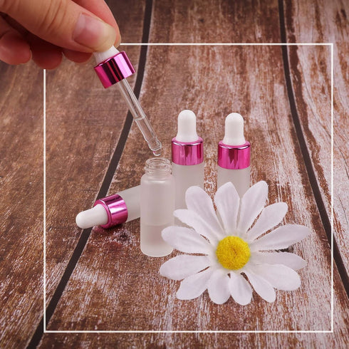 Kesell 50 Pack 5ml Frosted Glass Dropper Bottles with Rose Red Cap, 3 Funnels for Essential Oils and Perfume
