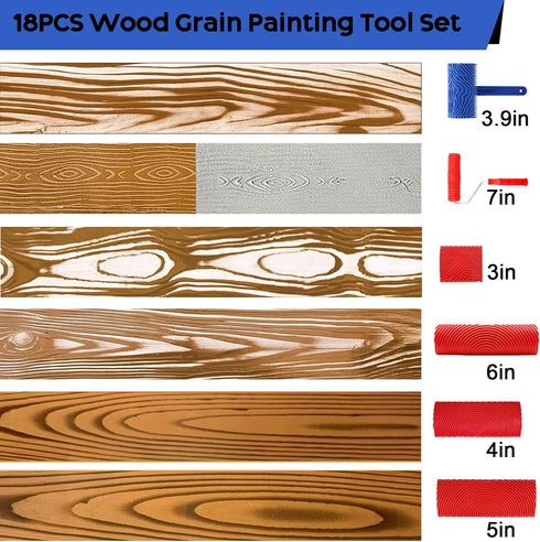 18PCS Set 12pcs 4inch Wood Grain Tool, Wood Graining Tool with Extra Paint Roller Kit with TrayRubber Wood Grain Roller