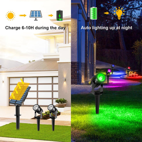 IP65 2-IN-1 T-SUNUS RGB Solar Spot Lights Christmas, Metal Color Changing Landscape Spotlights Waterproof Spotlight