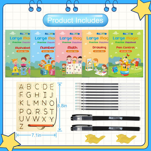 Set: 5-Pack 3-8, Large Handwriting Magic Grooved Practice Copybook with Wooden Alphabet Tracing Board, Reusable Letter