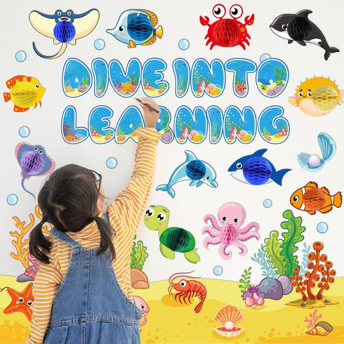 Ocean Fish Bulletin Board Classroom Decorations, Under The Sea Set, Sea Animal Life Paper Cutouts for Tropical Theme