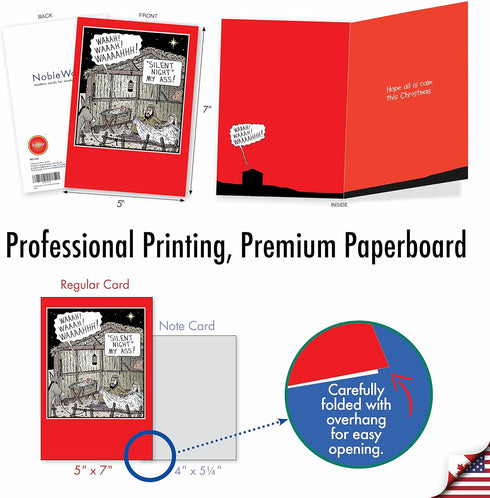 NobleWorks 12 Boxed Adult Christmas Cards with Envelopes, Hilarious Holiday Greetings, Silent Night