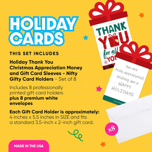 Set 8 Big Dot of Happiness Holiday Thank You - Christmas Appreciation Money and Gift Card Sleeves - Nifty Gifty Card