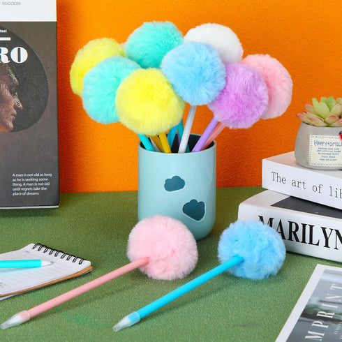 Epakh 84 Pcs Pompom Ballpoint Pen Set - Cute Kawaii Fluffy Ball Pens with Black Gel Ink in Macaron Colors, Gift for
