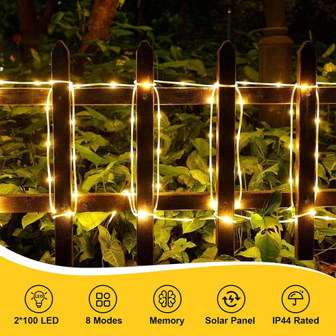 2 Pack 33ft 100 8 QITONG Warm White Solar Rope Lights, Each LED String Light Outdoor, Modes Fairy Lights in Clear Thin