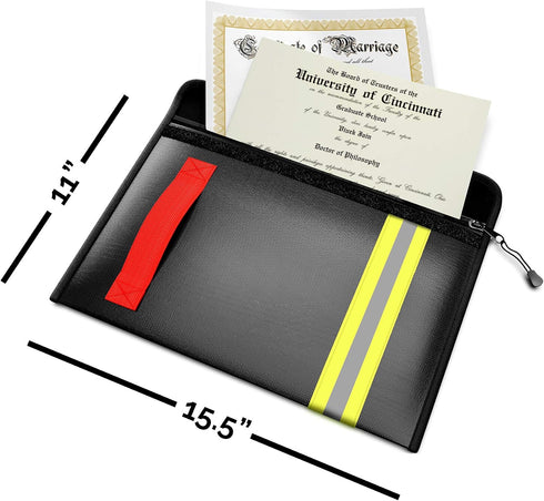 Fireproof & Water-Resistant Document Bag - 15.5 x 11 x 3-inch Pouch for Legal Documents & Valuables (Black)