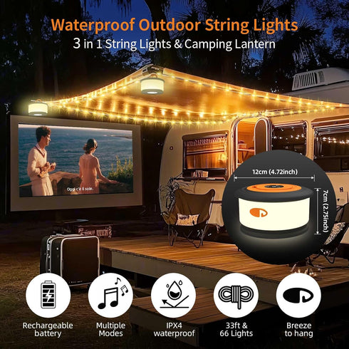 3 1 19 30s 32.8 TOHETO Camping String Lights, in Upgraded Retractable RGB Outdoor String Lights with Lighting