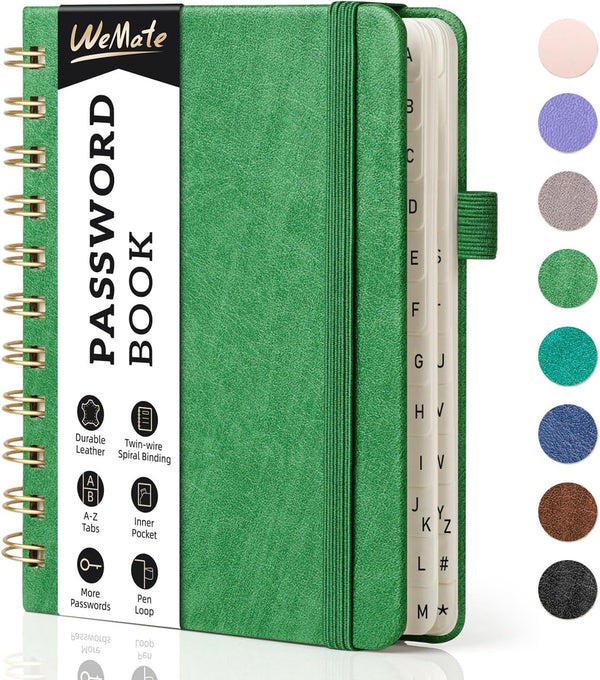 WEMATE Password Book - Alphabetical Tabs, Spiral Password Keeper for Seniors, Internet Password Notebook, 4.7''x 6''