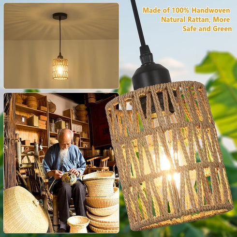 1-Light 4.75.9in 61in LAMSU Rattan Pendant Lights, Boho Farmhouse Pendant Lighting with Hand Woven Shade, Small Wicker