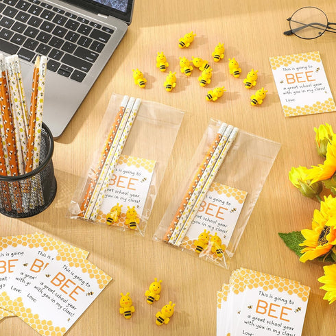 Back to School Gifts for Students, 60 Cute Bee Pencils, 3D Bee Erasers, 30 Welcome Greeting Cards
