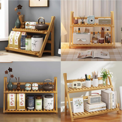 YANQINQIN 11.8" 7.5" 13.8" 2-Tier Bamboo Double-Layer Storage Shelf - L x W x H, Foldable Wooden Ladder Shelves