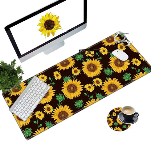 Large Gaming Mouse Pad with Stitched Edges, Non-Slip Desk Pad Protector, Cute Sunflower Yellow Decor for Home Office