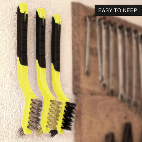 Set 3Pcs 7 Inches Lavaxon Wire Brush - Nylon/Brass/Stainless Steel Bristles with Curved Handle Grip for Rust, Dirt