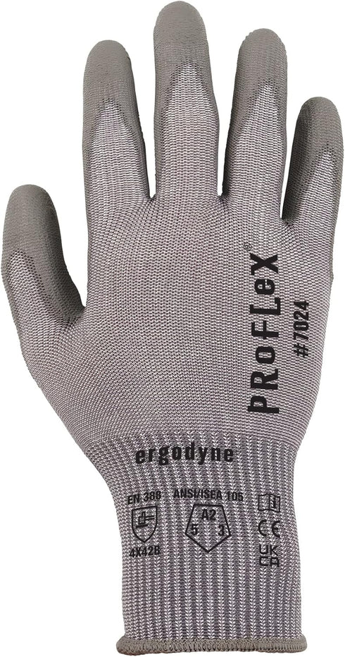 Ergodyne ProFlex 7024 Cut Resistant Work Gloves, ANSI A2, PU Coated Palms for Flexible No Slip Grip, Gray, Medium