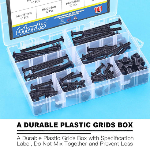 Glarks 141Pcs M6x15/ 25/35/ 45/55/ 65/ 75mm Baby Bed Crib Screws Hardware Replacement Kit, Black Hex Socket Cap Screws