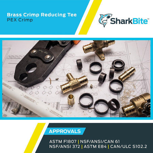 SharkBite Crimp Reducing Tee, 1 x 3/4 x 1 Inch, Brass Plumbing Fitting for PEX Pipe, PE-RT, UC418LFA