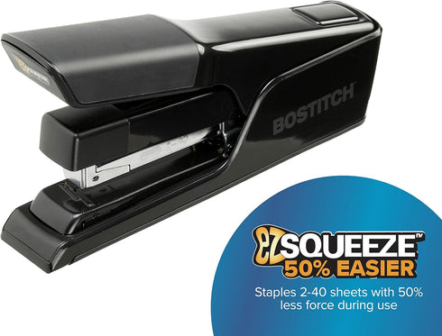 Bostitch Office EZ Squeeze Flat Clinch Desktop Stapler, 40 Sheet Capacity, Reduced Effort, Black (B9040)
