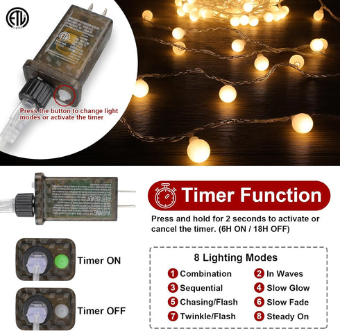 33FT 100LED 8 Christmas Lights Indoor, Globe String Lights for Bedroom Modes with Remote, Outdoor Hanging Fairy Lights