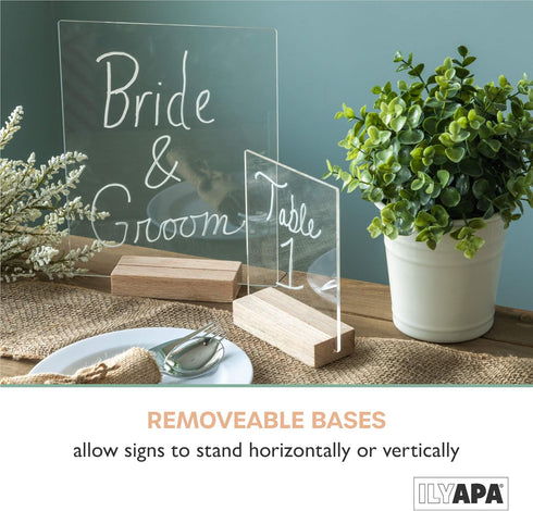 Ilyapa Acrylic Sign Holders with Natural Wood Stands, 4 Pack - 8x10 Inch Blank Table Numbers for Wedding Reception