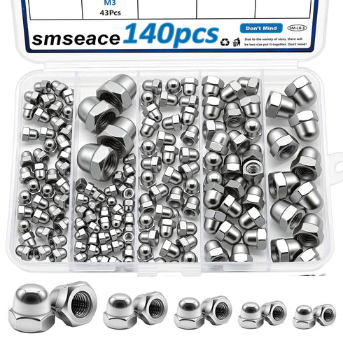 smseace 140Pcs 304 Stainless Steel Acorn Nuts Assortment Kit 6-Sizes M3/M4/M5/M6/M8/M10 Bolt Covers