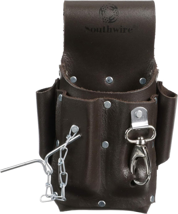 Southwire POUCH4 Leather Tool Pouch, 5 Pocket with Electrical Tape Chain, Dark Brown