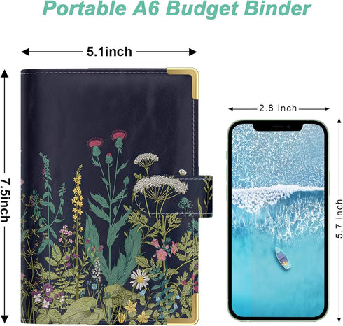 Rnivvi Budget Binder with Floral Zipper Envelopes, A6 Cash Envelopes for Budgeting, PU Leather Money Organizer for Women