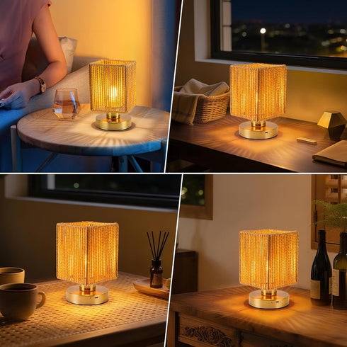 6000mah 3 Dimming Bulb Rattan Table Lamp, Battery Operated Table Lamp, Boho Small Desk Lamp, Brightness for Bedroom