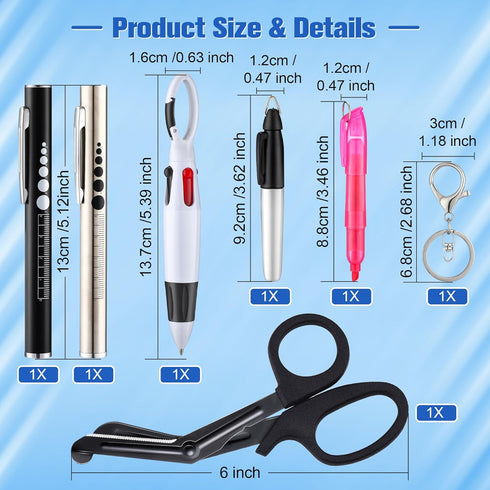 6 Pack Set, 2 6'' 3 Enhon Nurse Tools Rechargeable Pen Light with Two LED Sources and Pupil Gauge, One Medical Scissors