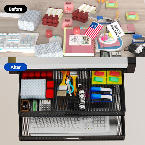 Under Desk Drawer Organizer, No Drilling Under Desk Storage Drawer Organizer, Metal Under Desk Slide Out Drawer for