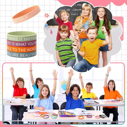 JUNEBRUSHS 64pcs Motivational Quote Silicone Bracelets, Bulk Colored Inspirational Rubber Wristbands, Unisex