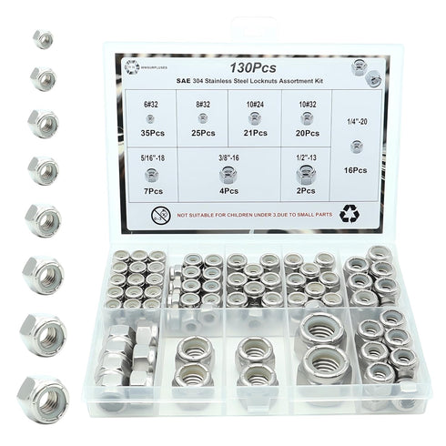wwsurpluses 130 Pcs Locknuts Assortment Kit, 6#32 8#32 10#24 10#32 1/4-20 5/16-18 3/8-16