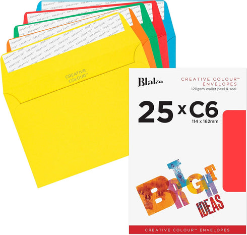 Blake Creative Colour C6 Peel & Seal Wallet Envelopes - 114 x 162 mm - 120 GSM - Assorted Bright Colours - Pack of 25