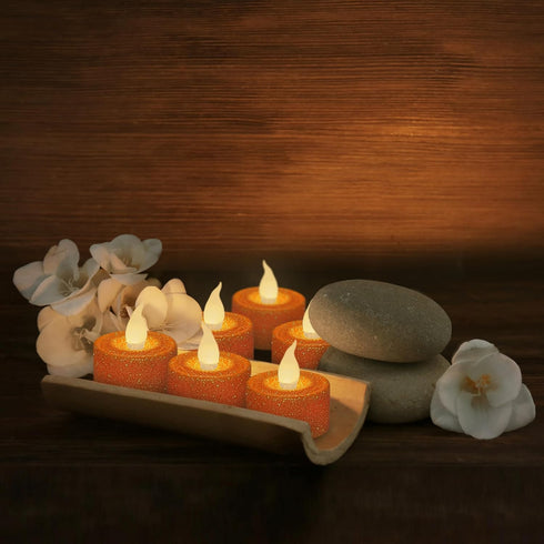 Pack 12, 1.5(W) 1.65(H), FURORA LIGHTING Orange Glitter LED Tealight Candles of Flameless Flickering Tealight Candles