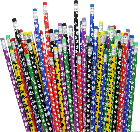 GiftExpress 48 Pcs Paw Print Pencils, Colorful Wooden Pencils with Eraser for School Supplies