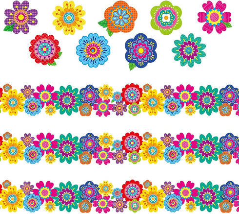 Pajean 67 Pieces Spring Flower Bulletin Board Decoration Set, 37ft Borders and 27 Flower Cutouts for Wall Decoration