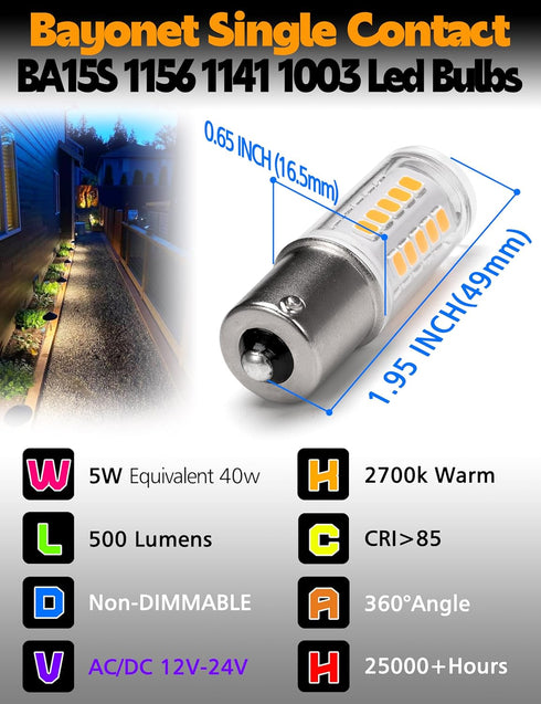 BA15S 1156 1141 1003 S8 SC Led Bulbs, 5Watt Low Voltage Bayonet Single Contact, 12-24V 500LM Warm White 2700K For RV, Landscape Interior Lights, Camper, Marine, Boat,Trailer Lights, Pack 4 by Xyanmc